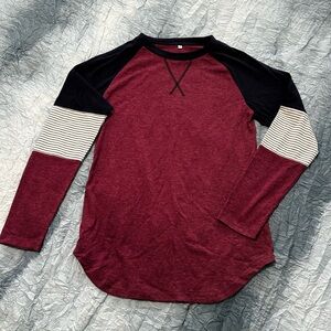 122. Women's Burgundy and Black Raglan Sleeve Tee
